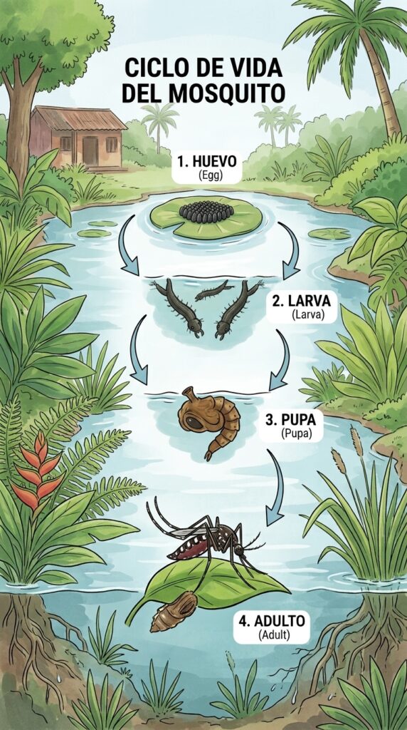 Ciclo de vida del mosquito desde huevo hasta adulto